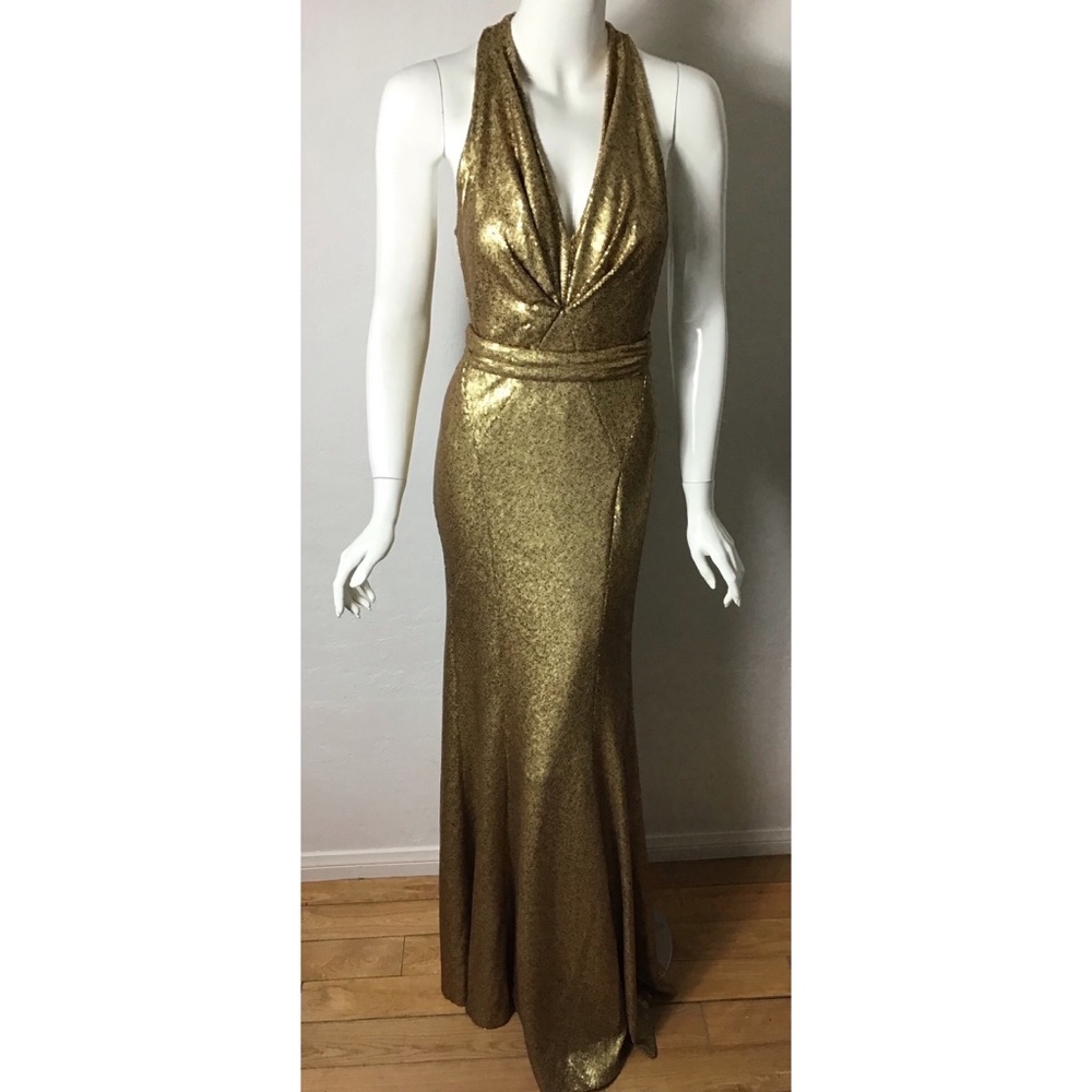 New without tags Donna Karan gold sequin deep v neck Belted Sequined Dress gown - Picture 3 of 14